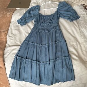 Altar'd State Dusty Blue Puff-Sleeve Tiered Midi Dress
